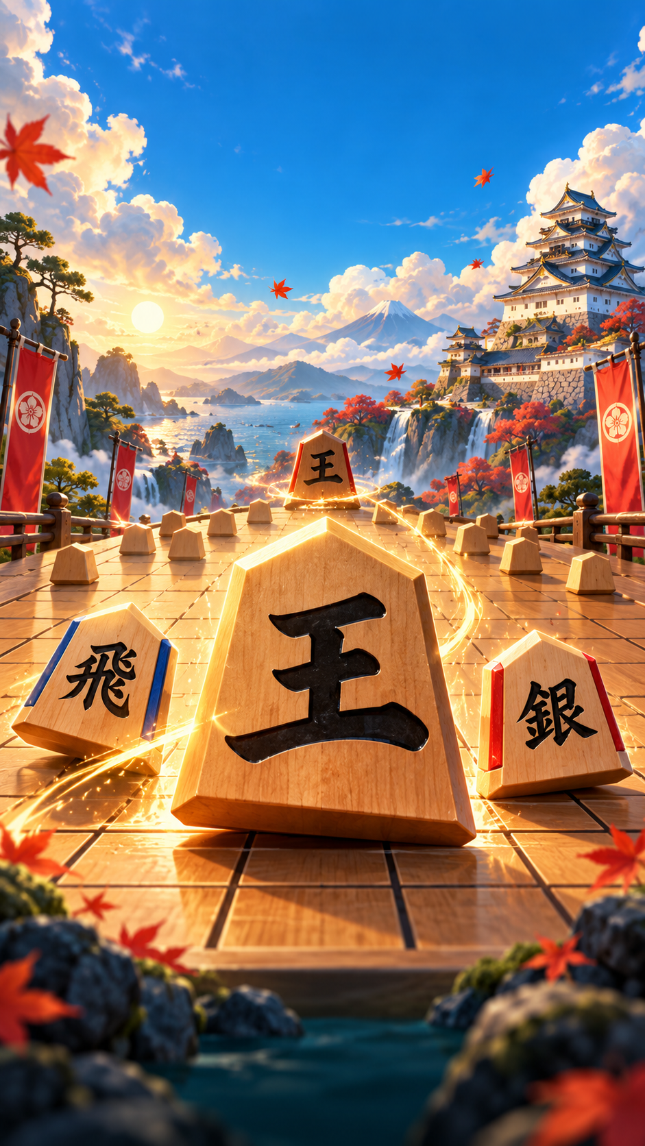 前へ進む王将と光に包まれた将棋の駒